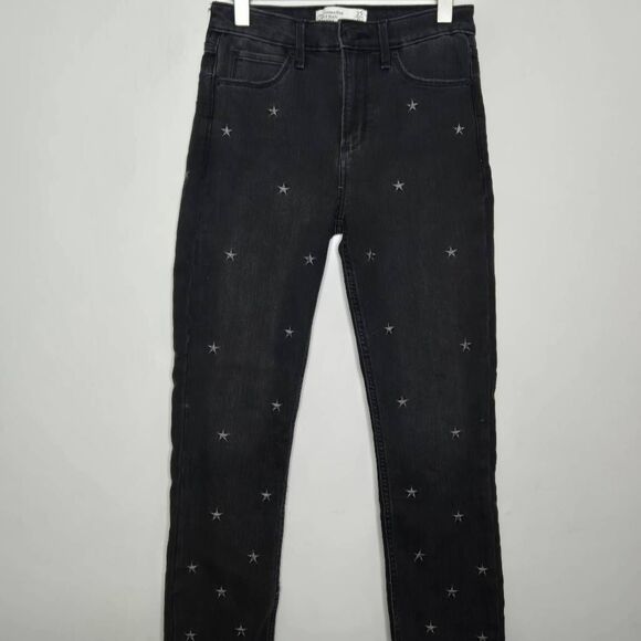 Abercrombie & Fitch Women's Ankle Jeans High Rise Size 0 Black Embroidered Stars - Picture 2 of 5